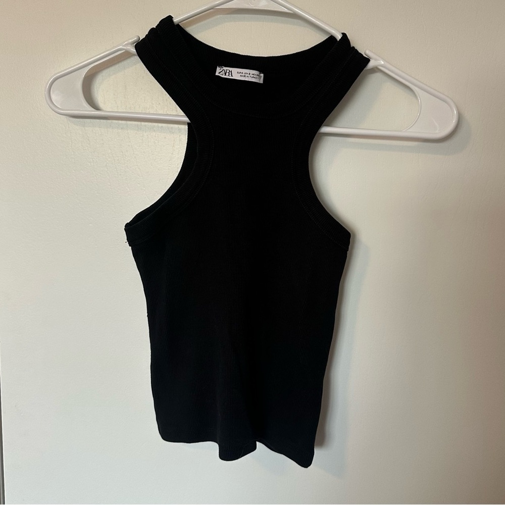 Zara Black High Neck Ribbed Tank Top Size S